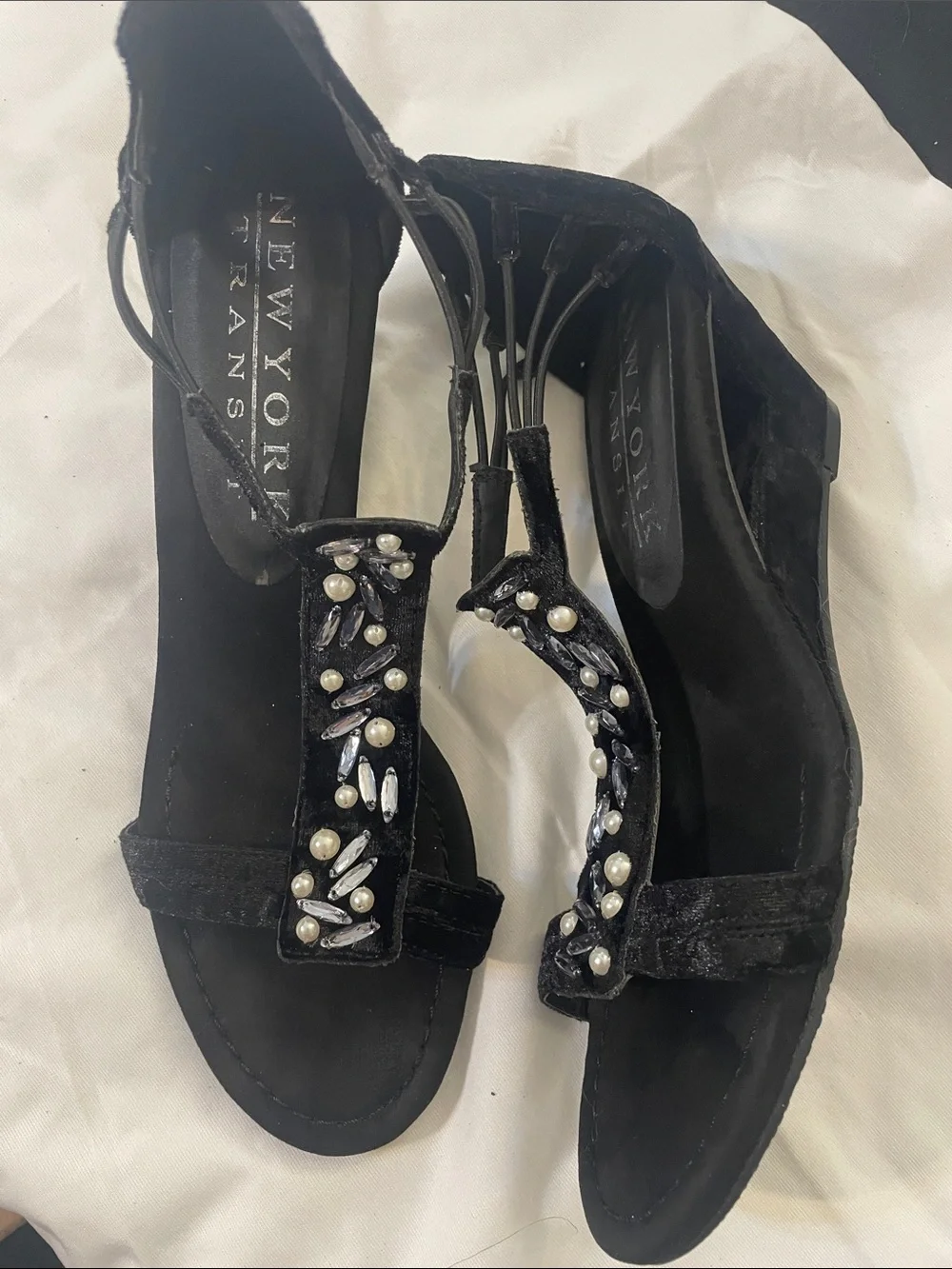New York Transit Black Jeweled T-Strap Sandals